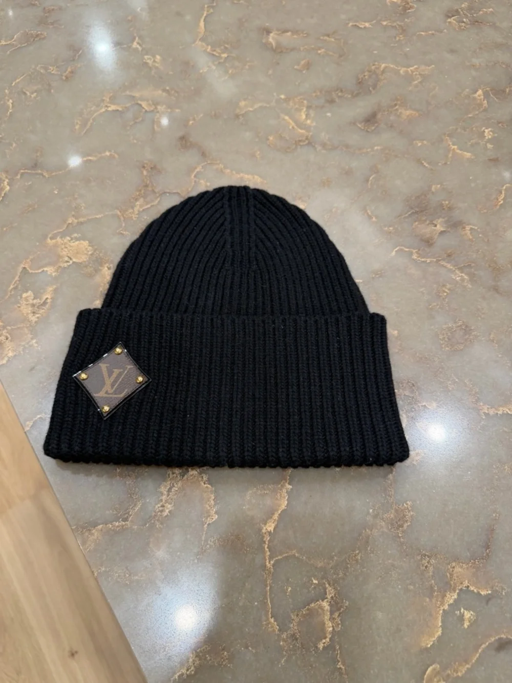 Louis Vuitton Black Ribbed Beanie with LV Canvas Patch - Picture 2 of 5